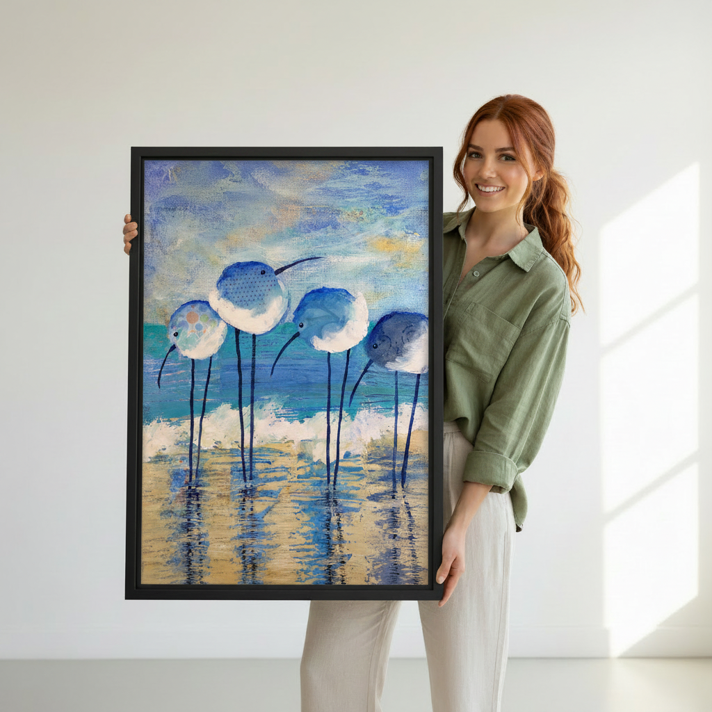 Beach shorebirds watercolor canvas print in black frame — nautical coastal wall art for bedroom or entryway