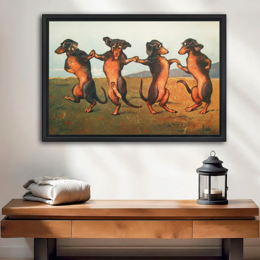 Dancing dachshunds vintage whimsical framed canvas wall art above wooden console table