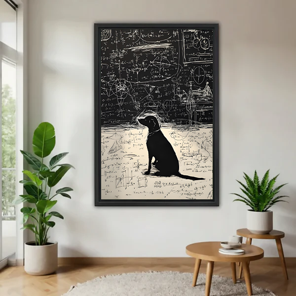 Black Labrador genius dog with math formula equations black white framed canvas wall art in black frame displayed in bright living room with tropical plants