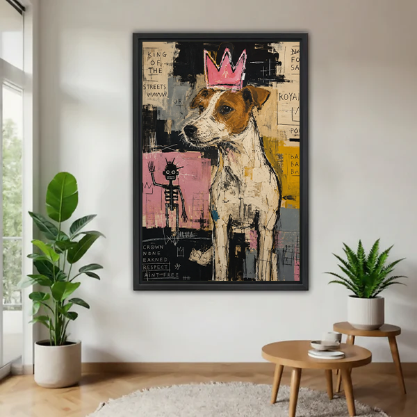King of the streets Jack Russell Terrier dog with pink crown Basquiat street art framed canvas wall art in black frame displayed in bright living room with plants