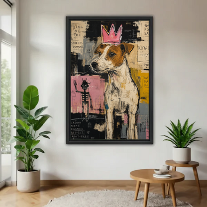 King of the streets Jack Russell Terrier dog with pink crown Basquiat street art framed canvas wall art in black frame displayed in bright living room with plants