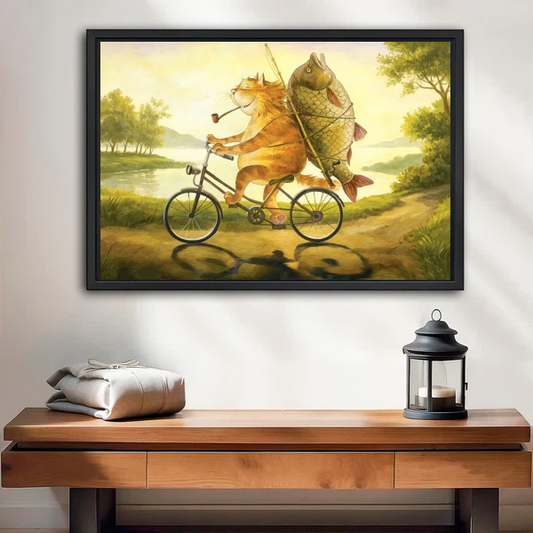 Funny cat and fish bicycle framed canvas wall art above entryway console table, whimsical animal print home decor