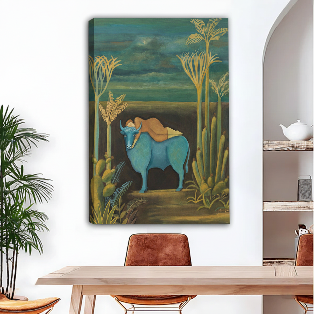 Frameless gallery wrap canvas of surrealist blue bull painting displayed above a dining table, teal and gold tropical art print