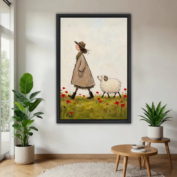 Black-framed woman and sheep canvas wall art with red meadow flowers displayed between leafy plants above wooden tables.