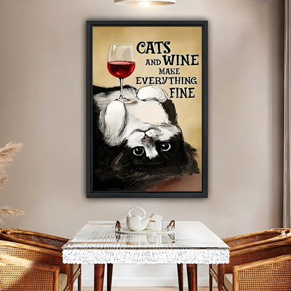 Cats and wine funny quote framed canvas wall art in black frame above glass dining table in warm beige room