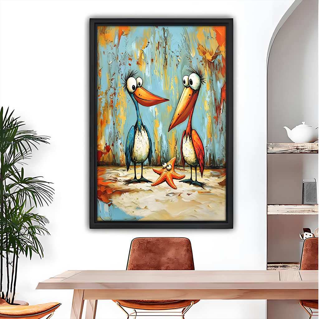 Funny pelican and starfish colorful oil painting wall art in black frame, dining room coastal decor