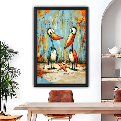 Funny pelican and starfish colorful oil painting wall art in black frame, dining room coastal decor