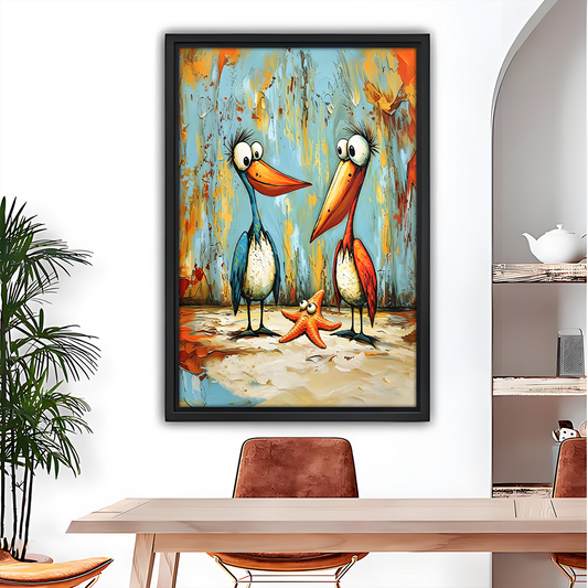 Funny pelican and starfish colorful oil painting wall art in black frame, dining room coastal decor