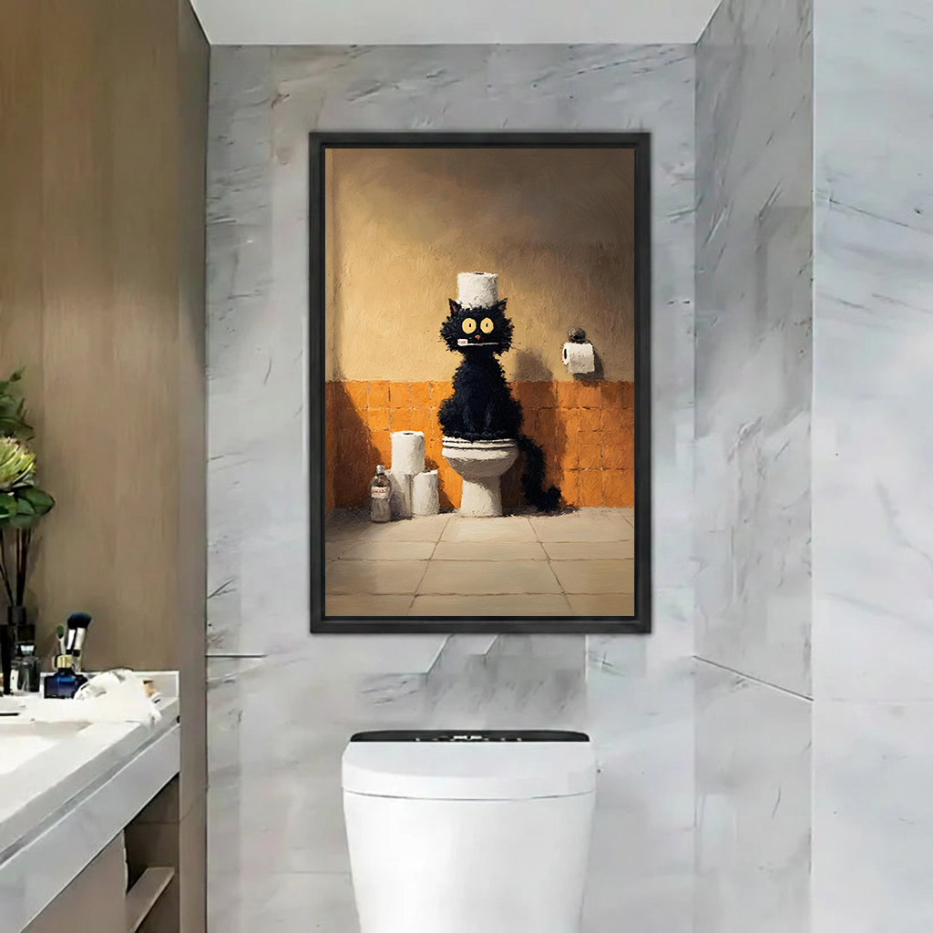Funny black cat on toilet framed wall art print with toilet paper crown in marble bathroom