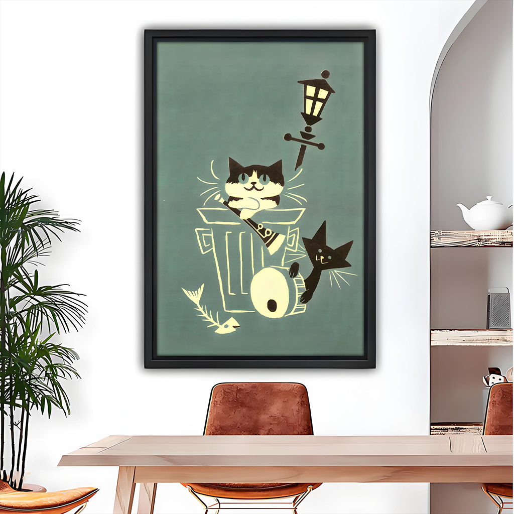 Retro alley cats canvas wall art in a black frame beside wooden bunk beds, featuring two cats and a streetlamp.