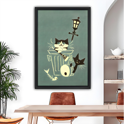 Retro alley cats canvas wall art in a black frame beside wooden bunk beds, featuring two cats and a streetlamp.