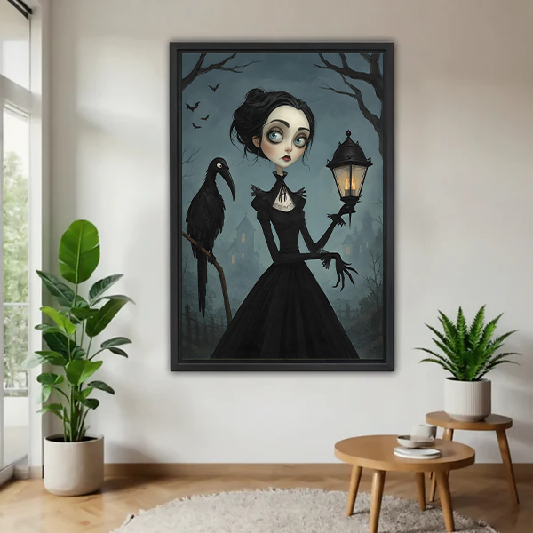 Gothic Raven Woman Halloween Canvas Wall Art | Framed & Unframed l4295