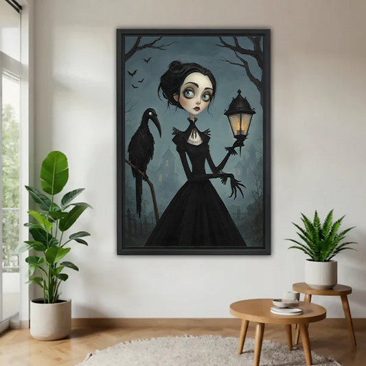 Gothic Raven Woman Halloween Canvas Wall Art | Framed & Unframed l4295