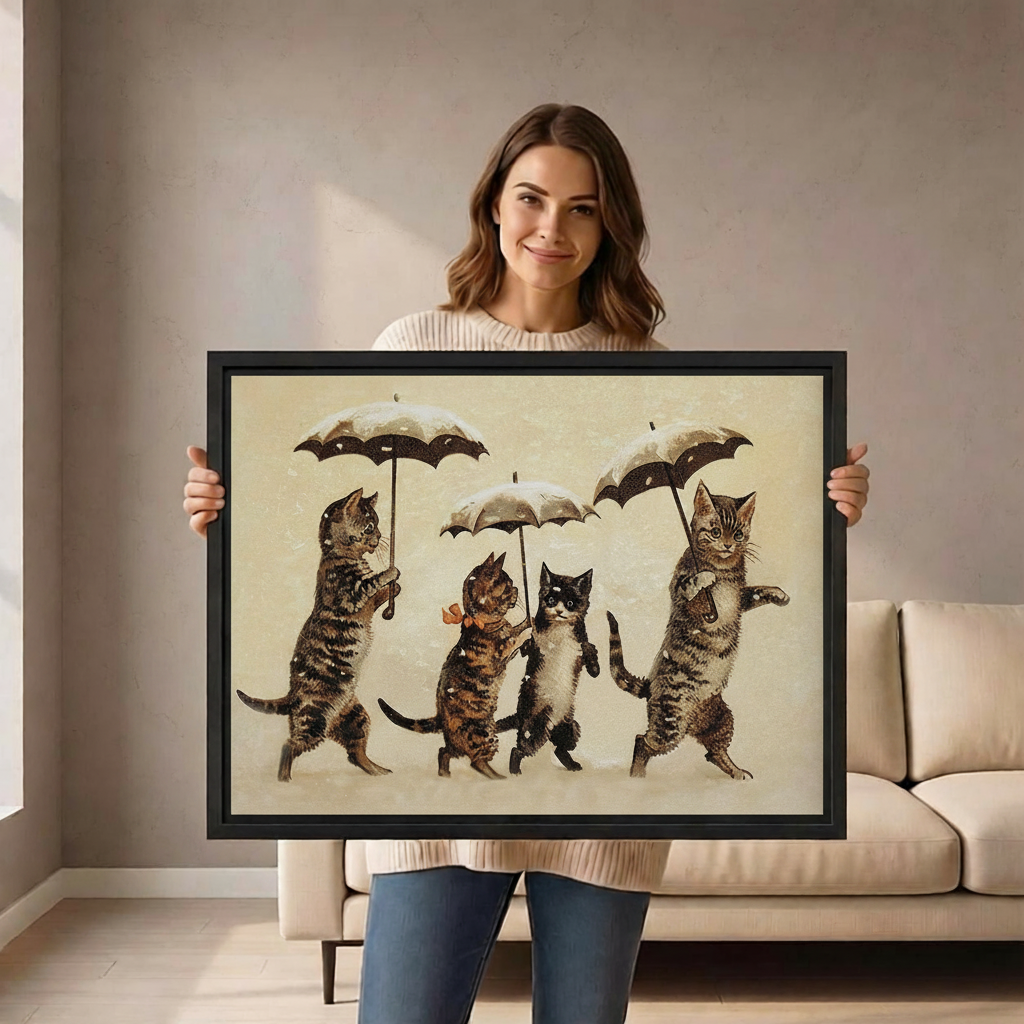 Woman holding Victorian cats umbrella framed canvas print vintage wall art decor
