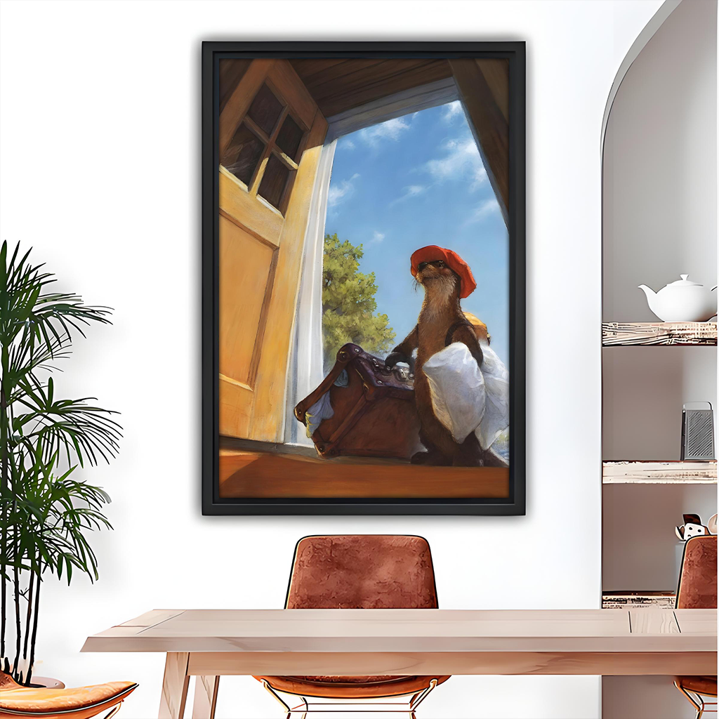 Whimsical otter fantasy wall art in black frame displayed above dining table in modern home