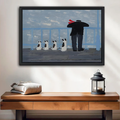 Oil painting style framed canvas wall art of a man in black coat and red hat standing on a pier with four black and white dogs, grey seascape, entryway console table decor