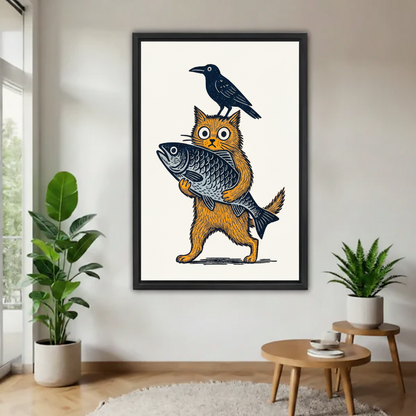 Cat Fish Crow Woodcut Art Print – Funny Orange Cat Holding Fish Folk Art Framed Wall Decor