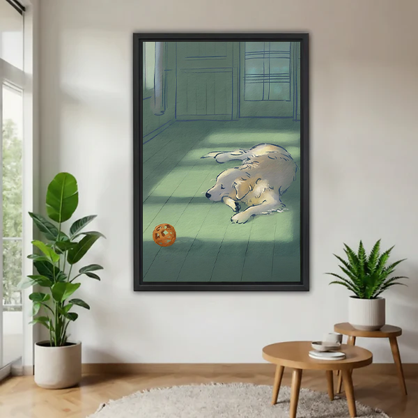 Lazy golden retriever dog lying in sunlight illustration framed canvas wall art in minimalist living room