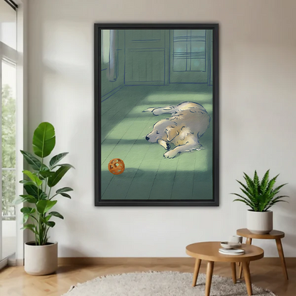 Lazy golden retriever dog lying in sunlight illustration framed canvas wall art in minimalist living room