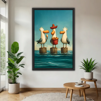 Funny seagulls beach framed canvas wall art print whimsical coastal living room decor