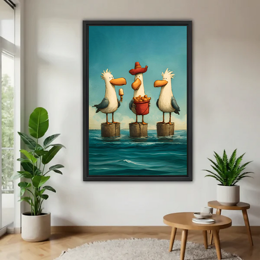 Funny seagulls beach framed canvas wall art print whimsical coastal living room decor