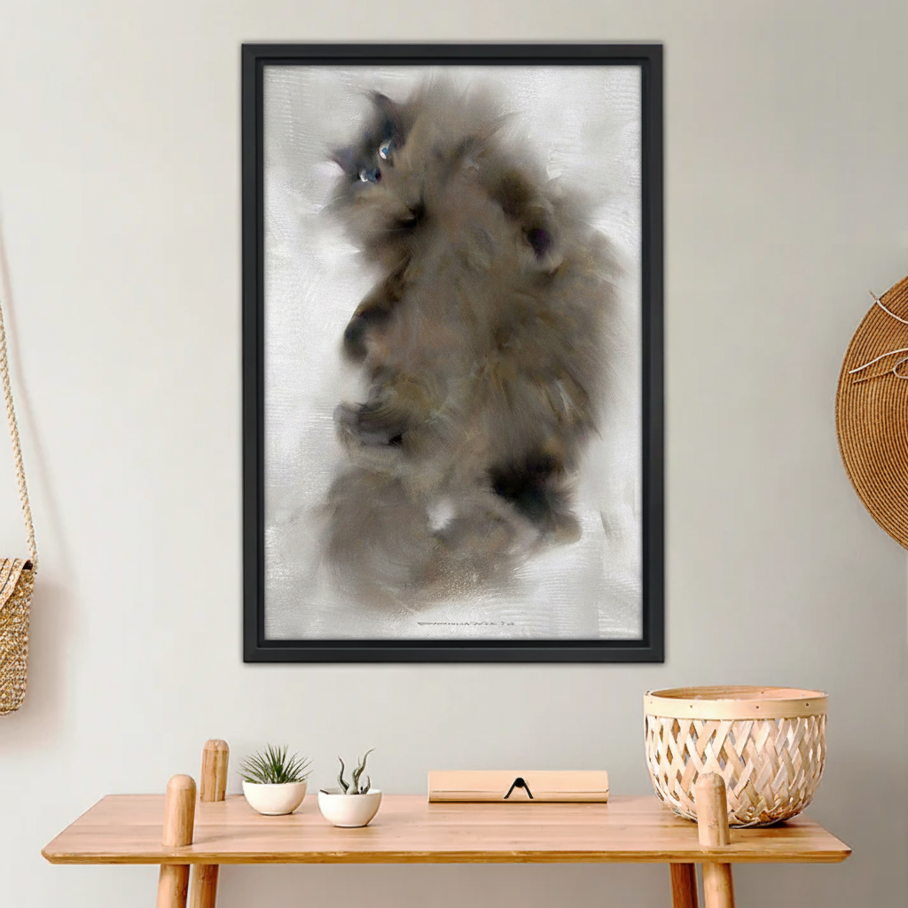 图1 写意蓝眼猫油画木框场景