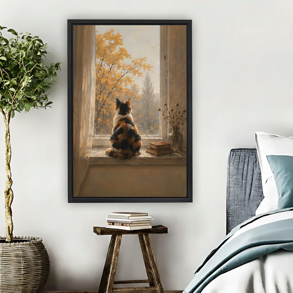 Framed calico cat on autumn windowsill canvas wall art print in warm bedroom with rustic decor