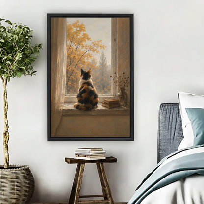 Framed calico cat on autumn windowsill canvas wall art print in warm bedroom with rustic decor