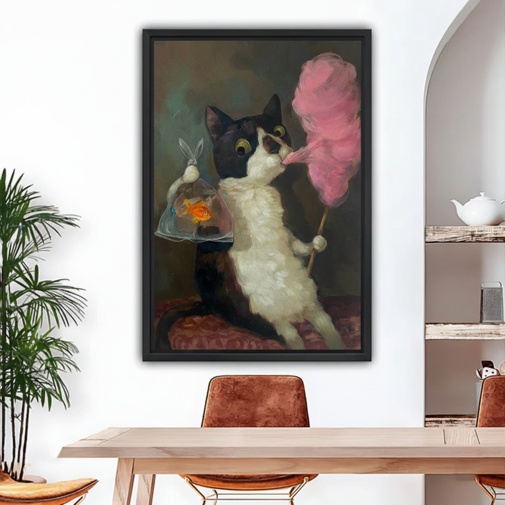 Vintage cat cotton candy goldfish framed canvas wall art above dining table in modern home