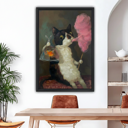 Vintage cat cotton candy goldfish framed canvas wall art above dining table in modern home