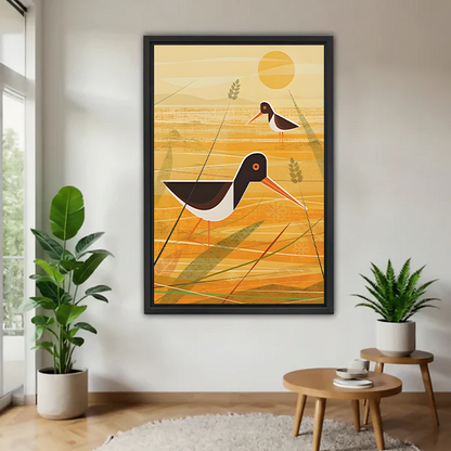 Mid-Century Modern Bird Golden Field Black Framed Wall Art Print Living Room