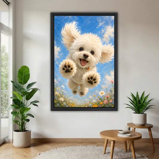 Happy bichon puppy leaping into blue sky with flowers framed wall art print for home decor
