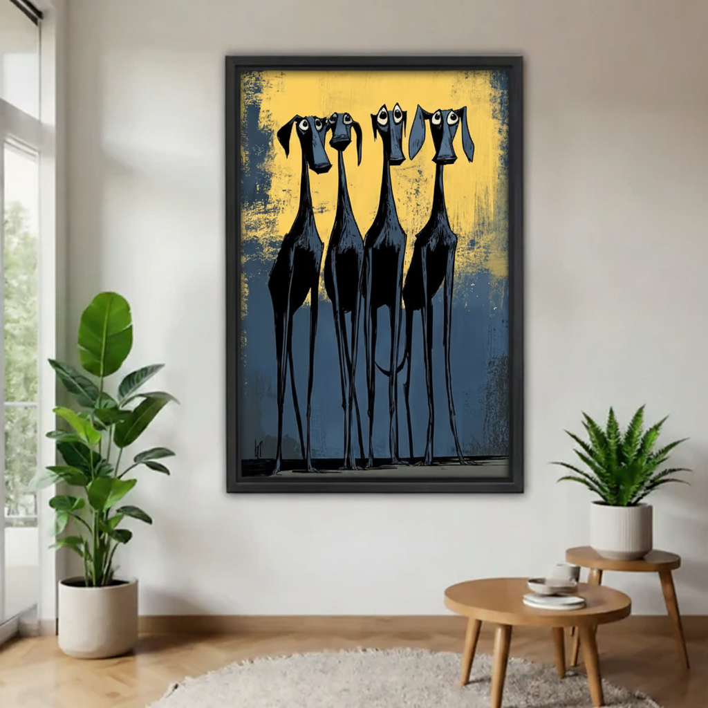 Abstract greyhound wall art print with black frame, quirky tall dogs illustration in blue and gold for home decor
