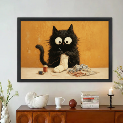 Whimsical Black Cat Knitting Wall Print – Framed Cozy Art for Cat Lovers Home Decor
