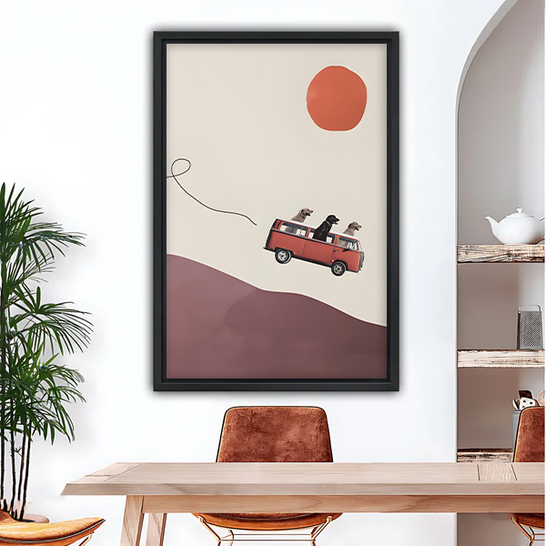 Boho dogs road trip red van framed canvas wall art above dining table