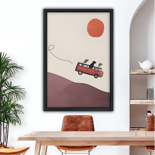 Boho dogs road trip red van framed canvas wall art above dining table