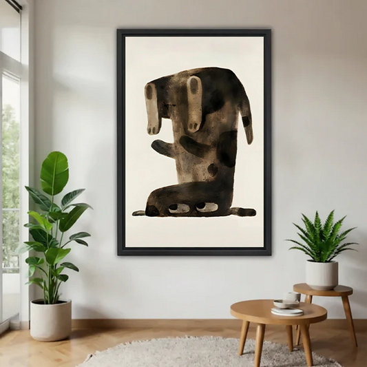 Dachshund minimalist abstract dark brown modern framed canvas wall art in black frame displayed in bright living room with tropical plants