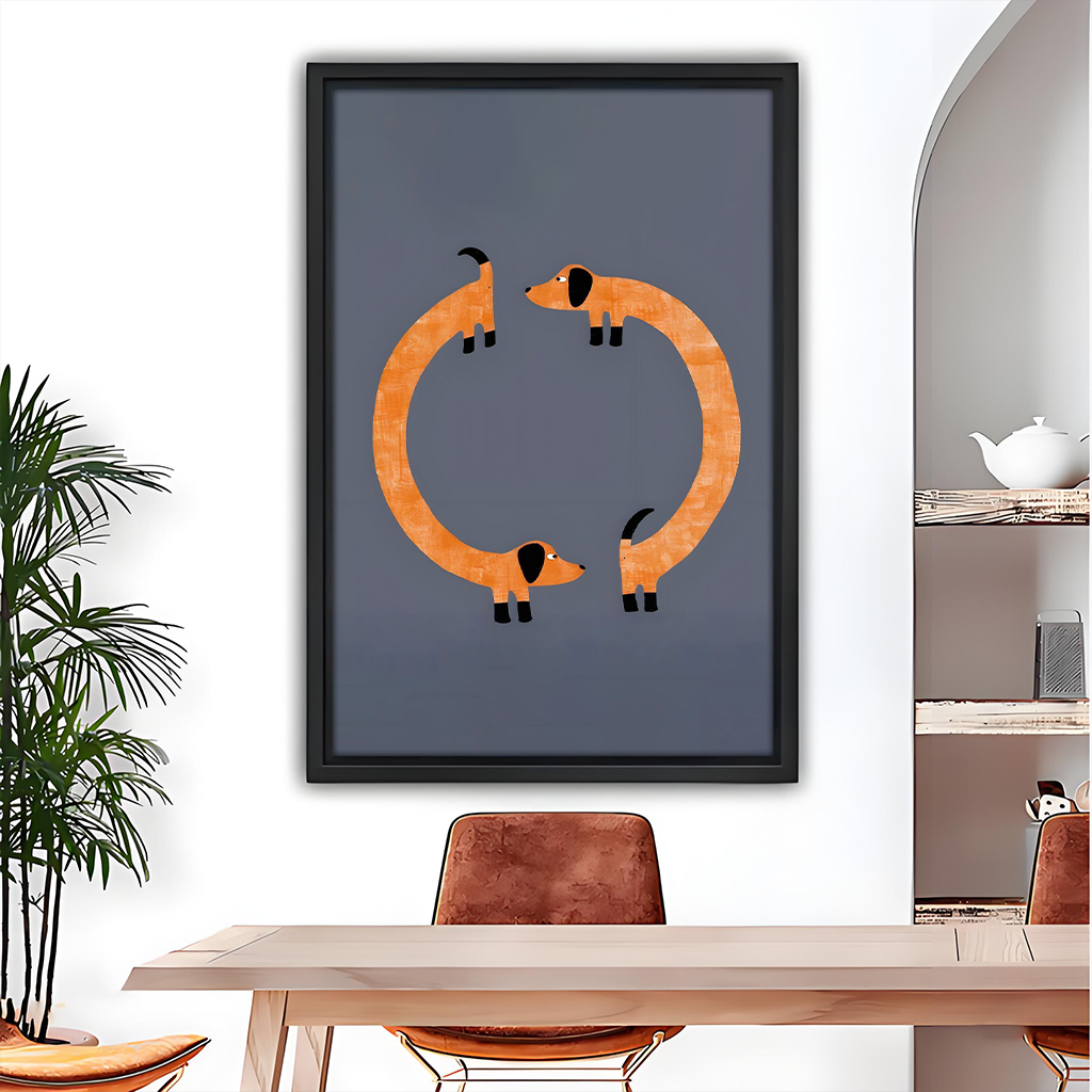 Dachshund circle minimalist framed canvas wall art print in dining room – slate blue dog decor