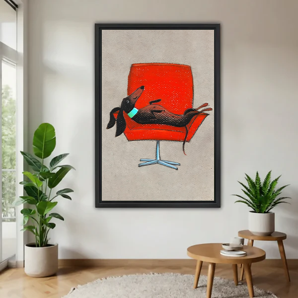 Dachshund lounging on red mid-century modern chair minimalist framed canvas wall art in black frame displayed in bright living room with tropical plants