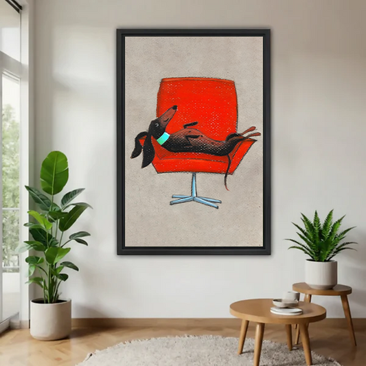 Dachshund lounging on red mid-century modern chair minimalist framed canvas wall art in black frame displayed in bright living room with tropical plants