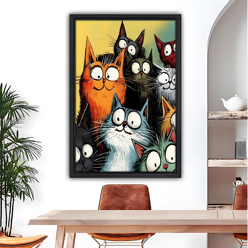 Funny cats framed wall art print above dining table – vibrant cartoon cat poster for kitchen and dining room decor