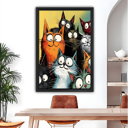 Funny cats framed wall art print above dining table – vibrant cartoon cat poster for kitchen and dining room decor