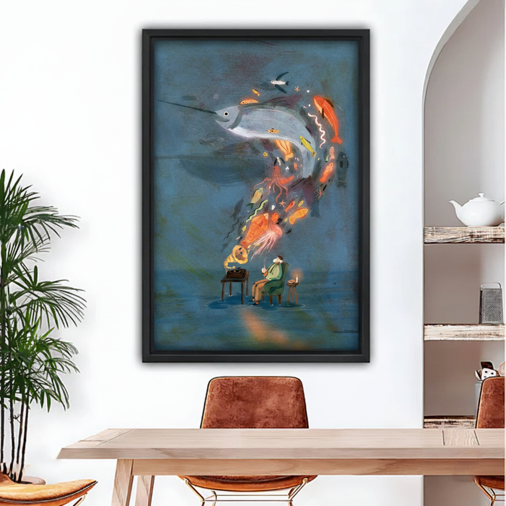 Surrealist dark blue gramophone sea creatures framed art print in a modern dining room with arched doorway and palm plant