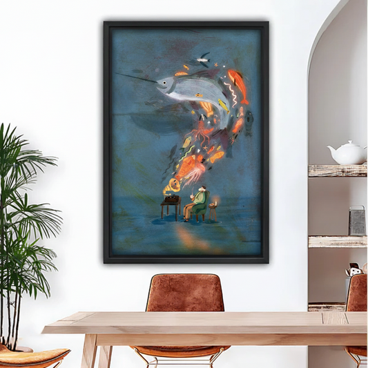 Surrealist dark blue gramophone sea creatures framed art print in a modern dining room with arched doorway and palm plant