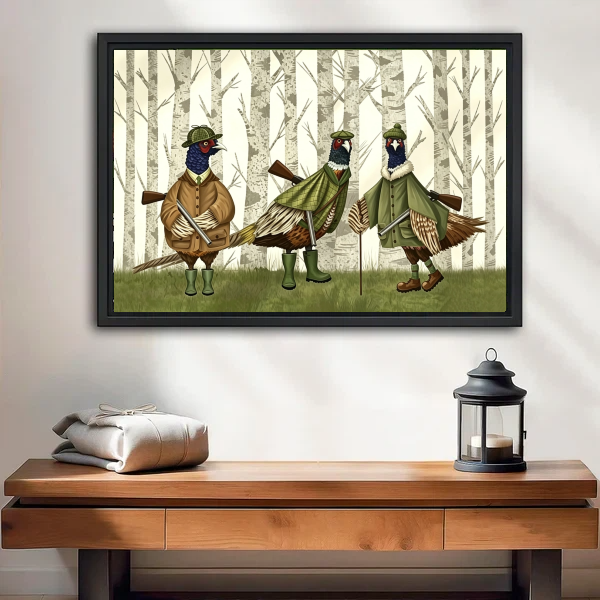 Whimsical pheasant hunters framed canvas wall art above entryway console table, funny bird print eclectic home decor