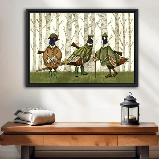 Whimsical pheasant hunters framed canvas wall art above entryway console table, funny bird print eclectic home decor