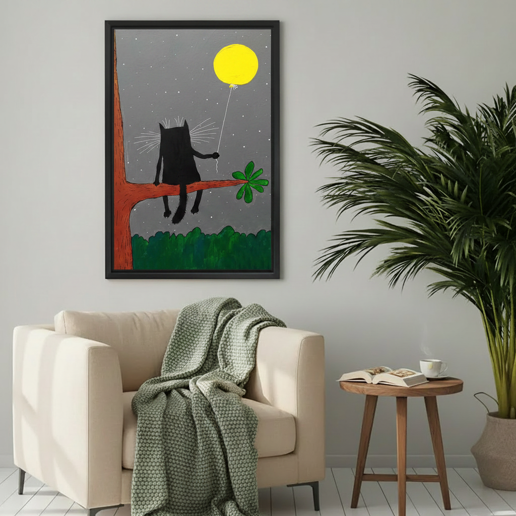 Black cat holding balloon framed art print hanging on wall, dreamy whimsical illustration, cat lover gift idea
