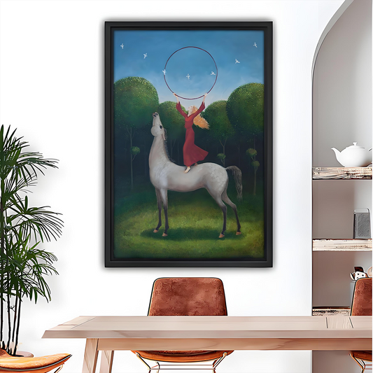 Whimsical framed wall art print of girl on white horse in enchanted forest, dining room decor