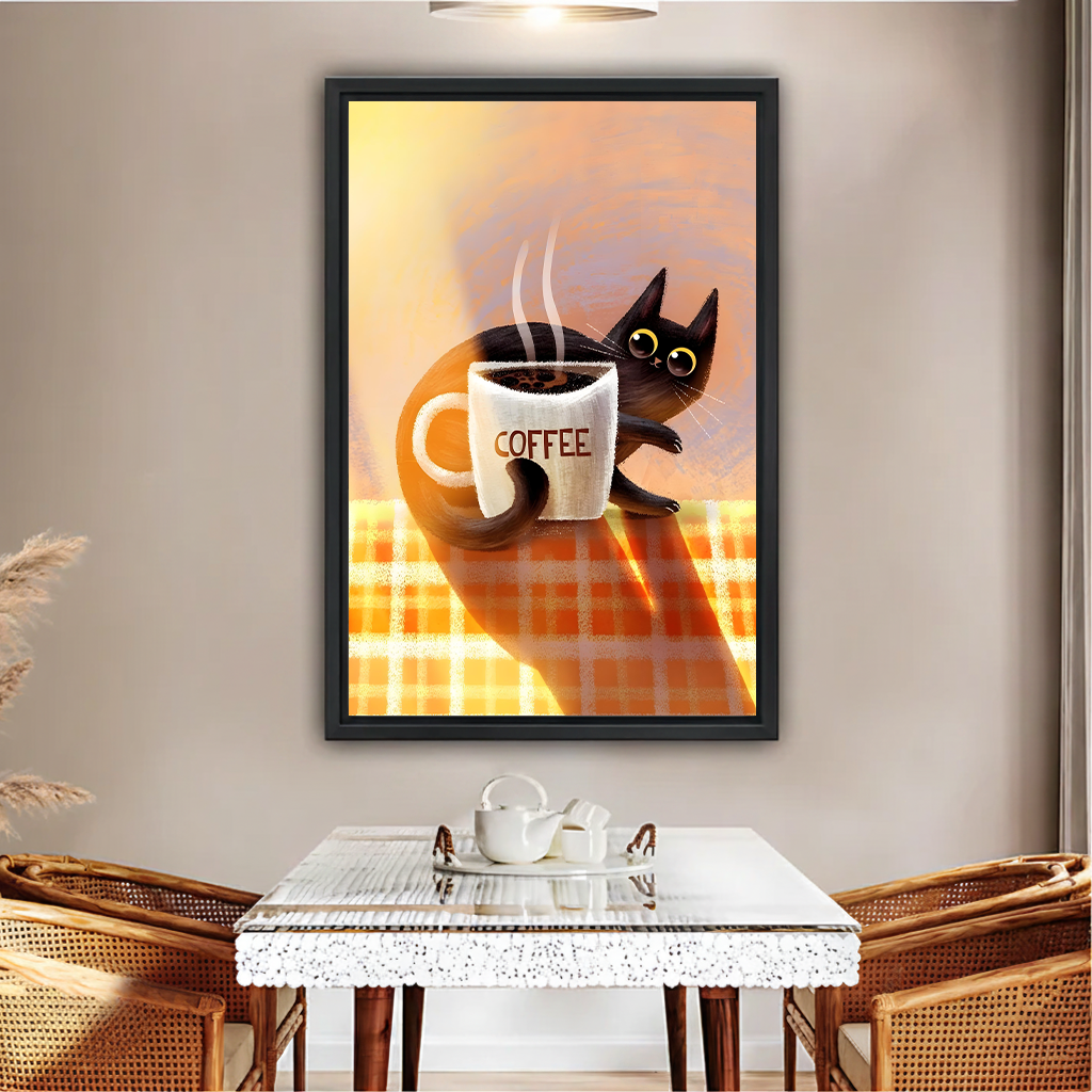 Cute black cat coffee mug warm orange illustration framed wall art canvas print above marble dining table with rattan chairs in cozy dining room