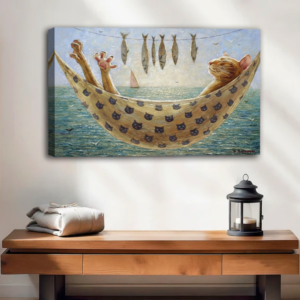 Whimsical orange cat in hammock frameless gallery wrap canvas above entryway table, fish drying over ocean wall art print